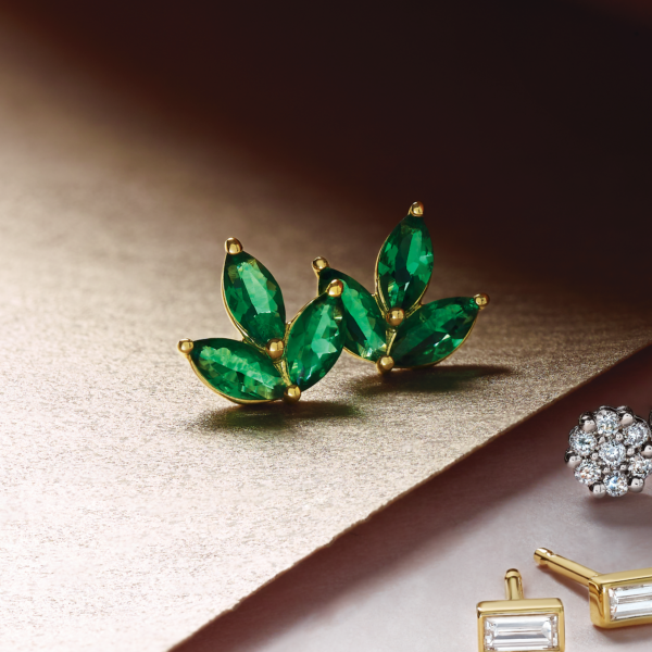 Marquise Emerald Leaf Stud Earrings in 14k yellow Gold