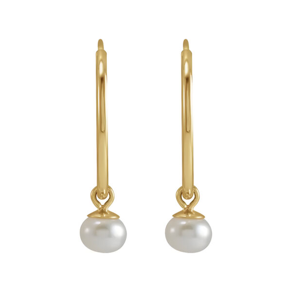 White Cultured Freshwater Pearl Drop Huggie Earrings in 14k Yellow Gold (4mm)