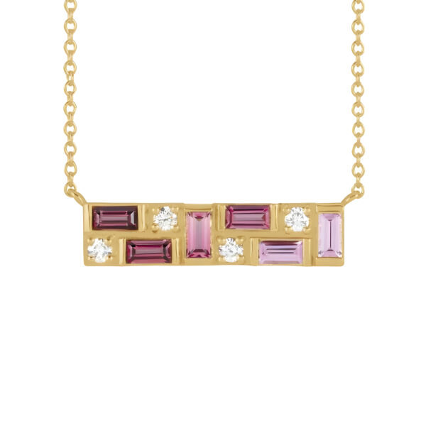 Pink Multi-Gemstone & Diamond Bar Necklace in 14k Yellow Gold