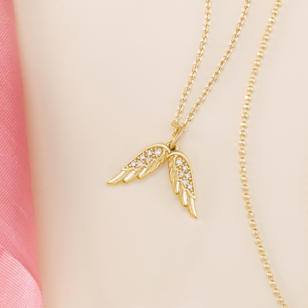 Diamond Angel Wings Necklace 16-18" in 14K Yellow Gold 0.03 CTW