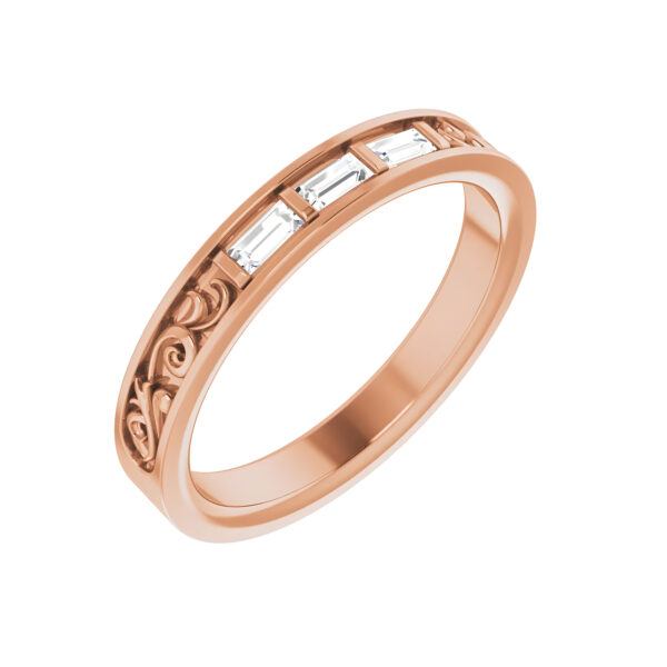 Three-Stone Baguette Diamond Floral Anniversary Band in 14K Rose Gold 1/6 CTW