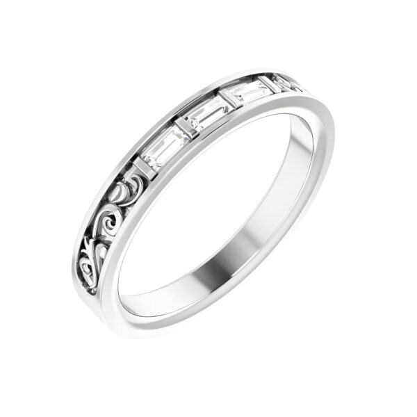 Three-Stone Baguette Diamond Floral Anniversary Band in 14K White Gold 1/6 CTW