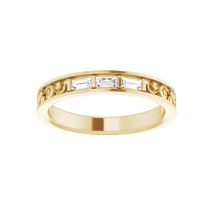 Three-Stone Baguette Diamond Floral Anniversary Band in 14K Yellow Gold 1/6 CTW