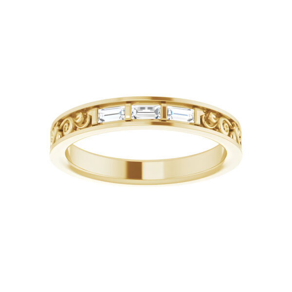 Three-Stone Baguette Diamond Floral Anniversary Band in 14K Yellow Gold 1/6 CTW