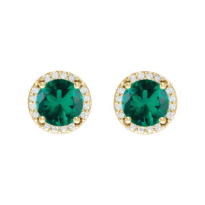 Lab-Grown Emerald and Diamond Halo Stud Earrings in 14K Yellow Gold