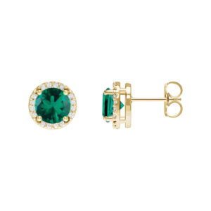 Lab-Grown Emerald and Diamond Halo Stud Earrings in 14K Yellow Gold