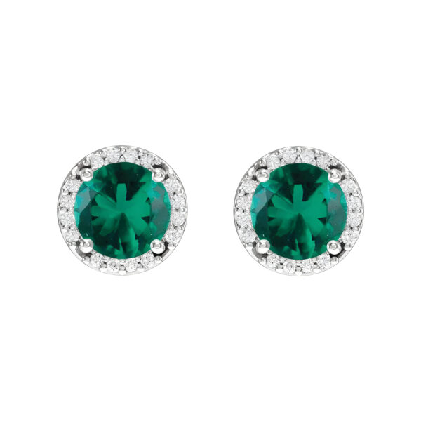 Lab-Grown Emerald and Diamond Halo Stud Earrings in 14K White Gold