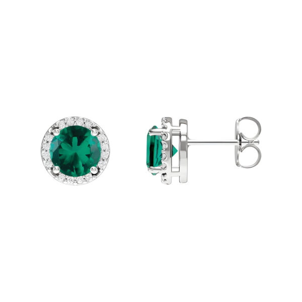 Lab-Grown Emerald and Diamond Halo Stud Earrings in 14K White Gold