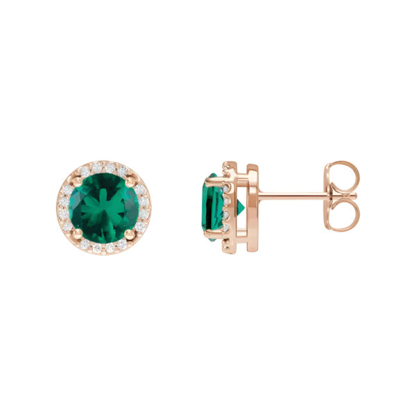 Lab-Grown Emerald and Diamond Halo Stud Earrings in 14K Rose Gold