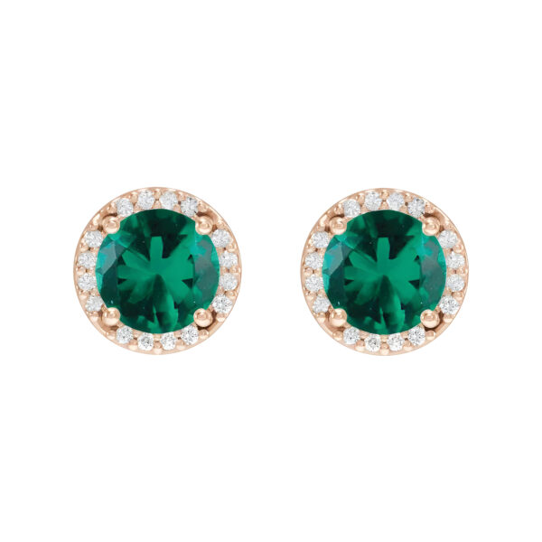 Lab-Grown Emerald and Diamond Halo Stud Earrings in 14K Rose Gold